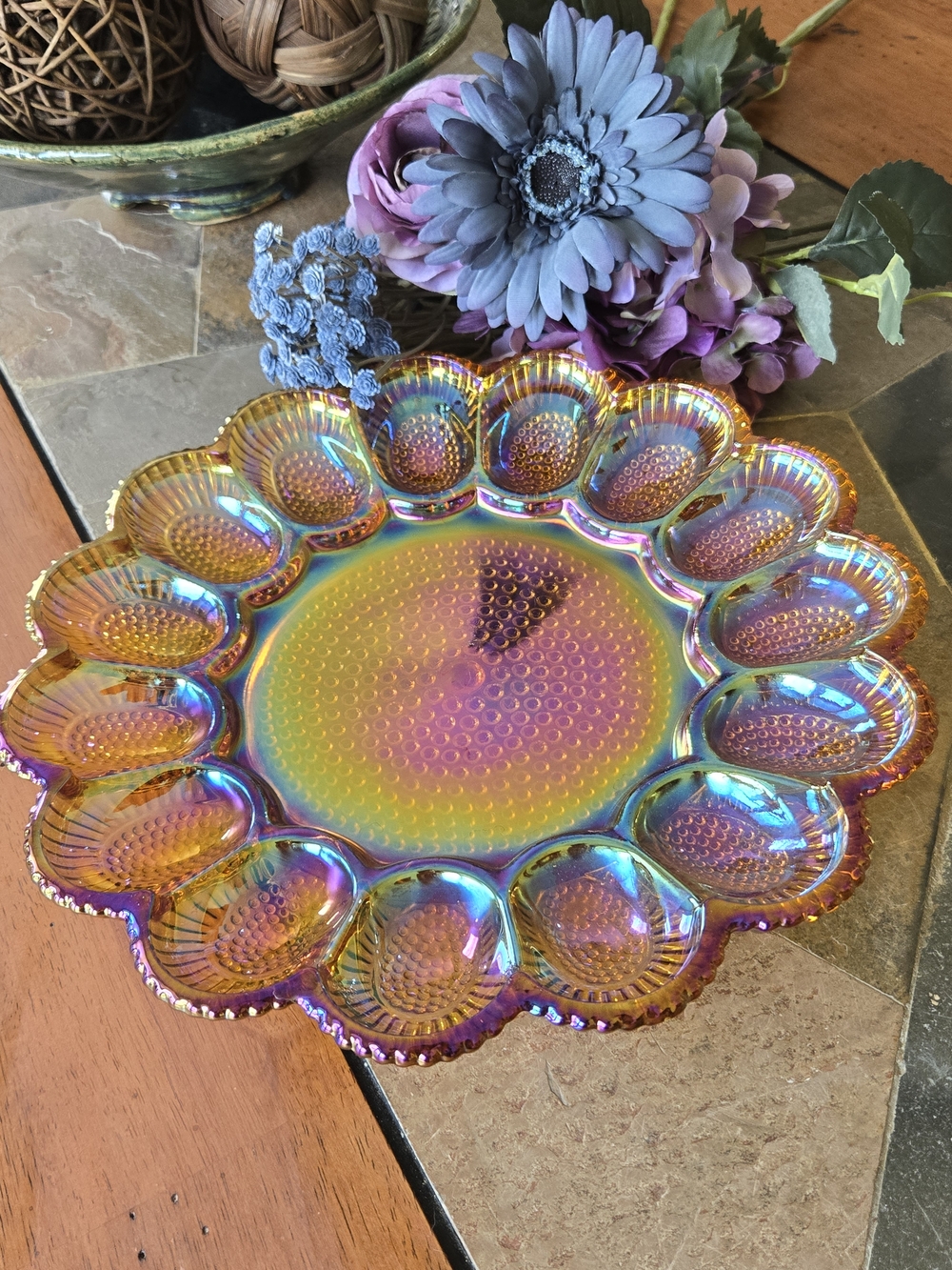 Vintage Indiana Glass Marigold Carnival Hobnail Deviled Egg Platter - Iridescent